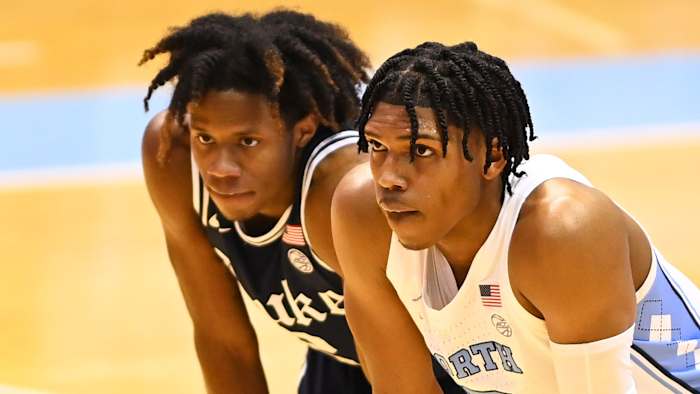 UNC's Caleb Love (right) and Duke's DJ Steward